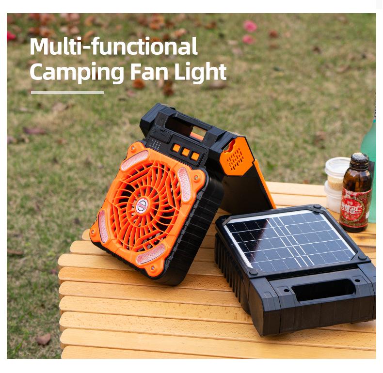Solar-Powered Portable Camping Fan with USB Charging and LED Light