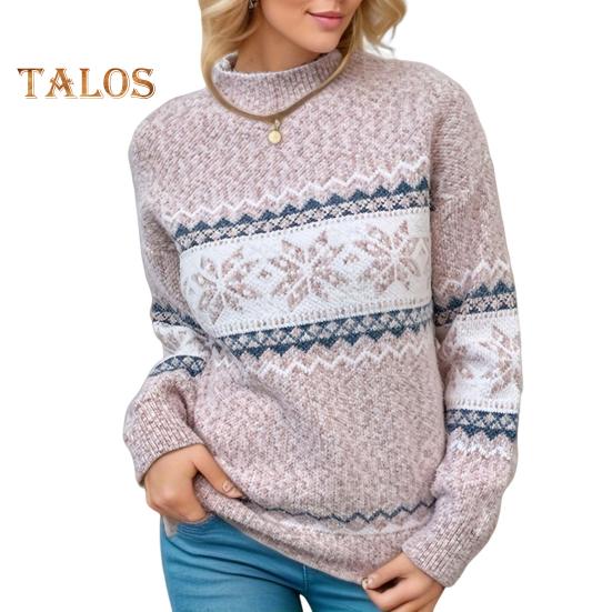 

Зимний женский рождественский свитер с полувысоким воротником, цветной узор в виде снежинок, длинный рукав, трикотаж, толстый теплый новогодний свитер M розовый