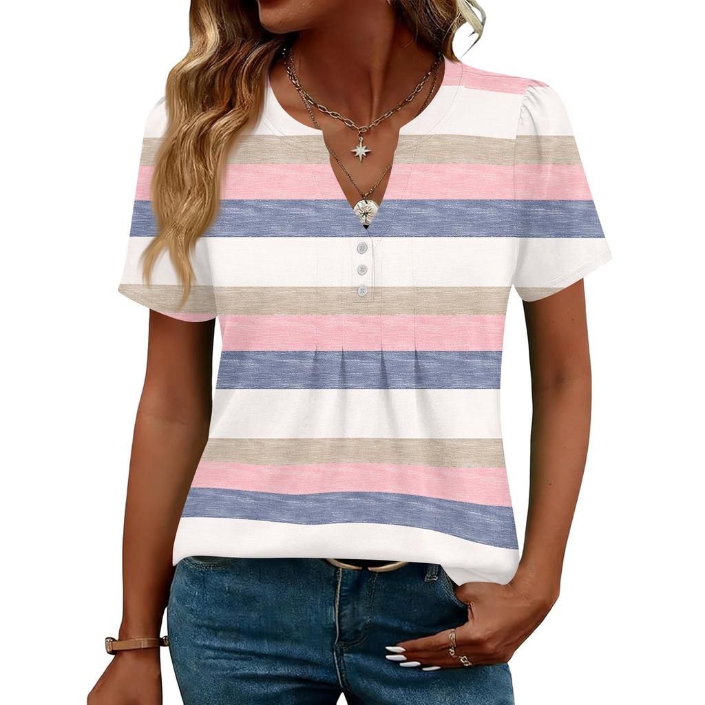 Damen Oberteile Festlich Lässig V-Ausschnitt Kurzarm Hemden Plissierte Blusen Knopfleiste Tunika