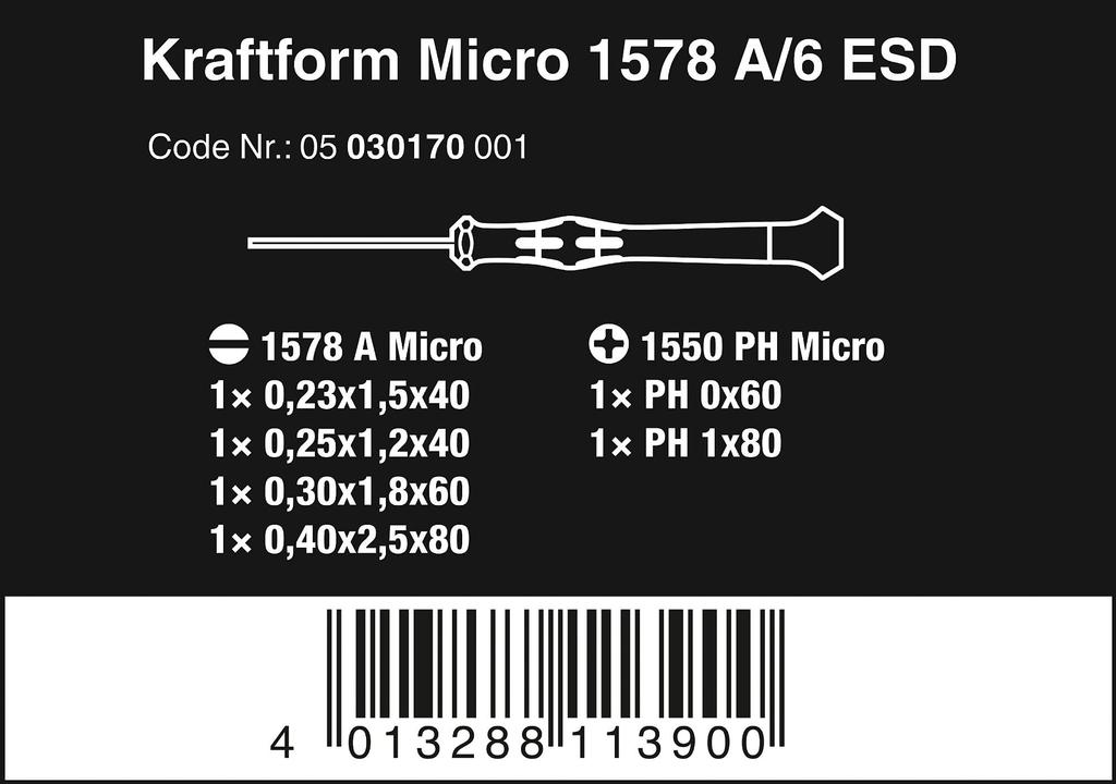 Wera 05030170001 1578 Electronics Screwdriver Set with Set A/6 Rack, 6-Piece