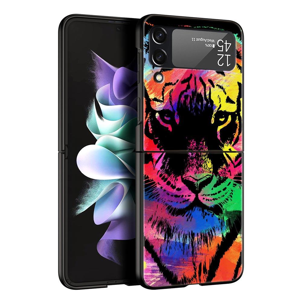 Phone Case for Samsung Galaxy Z Flip 3 4 5 Folding Mobile Shell Hard PC Fundas Black Coque Protect Cover Tiger Neon Leopard