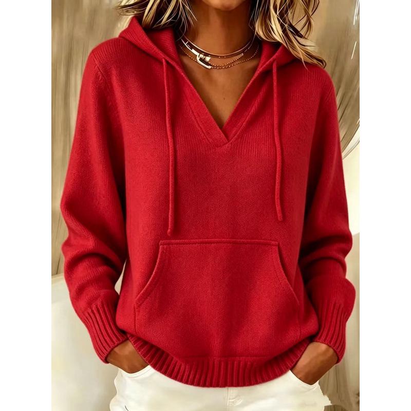 Women's European Style Knit Hoodie with Drawstrings, Autumn/Winter Long Sleeve Sweater with Kangaroo Pocket, Solid Color Casual Fashion.