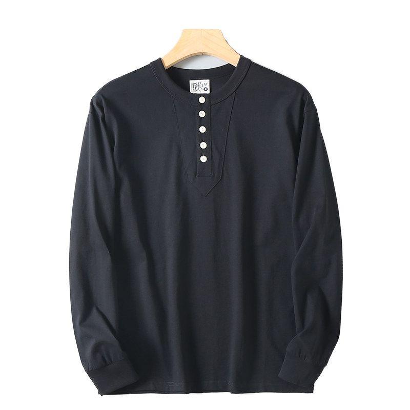 Original Foreign Trade Surplus American-Style Casual Henley Collar Cotton Long-Sleeve T-Shirt for Men, Vintage Versatile Solid Color Base Shirt