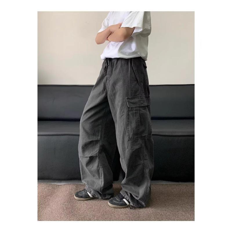 Women's Retro Washed Cargo Pants - Multi-Pocket, Distressed, Loose Fit, Wide-Leg, Pleated with Drawstring.