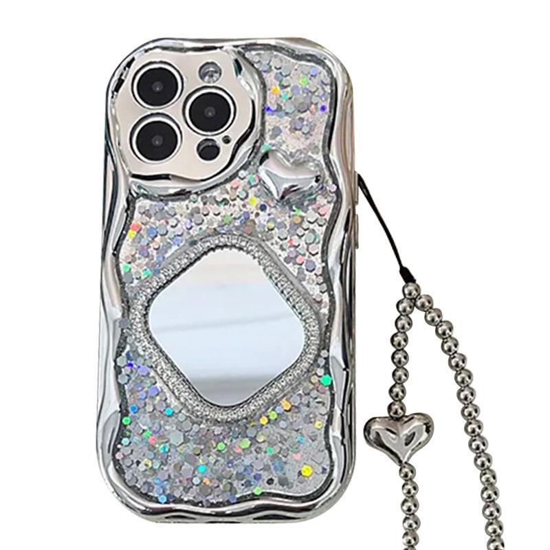 Glitter Sequin Phone Case for Apple 17 Promax Rhinestone Square Mirror for IPhone 16 Hand Chain Heart