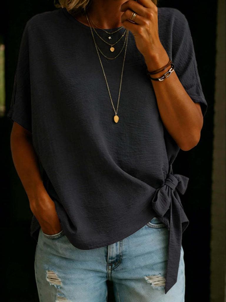 Women's Summer New Solid Color Short Sleeve Loose T-Shirt Top with Frill Hem