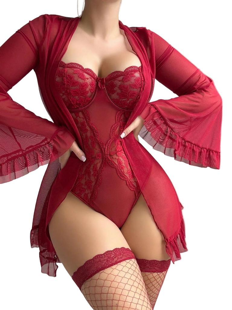 Lace One Piece Sleepwear Flare Sleeve  Belted Lingerie Set With Stockings For Women Underwear