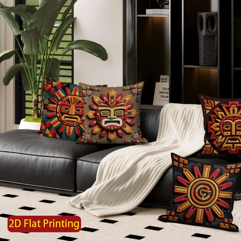 2D Aztec Sun God Print Square Throw Pillow Covers Pattern Cushion Cover Suitable For Sofa Bedroom Car Pillow Cover