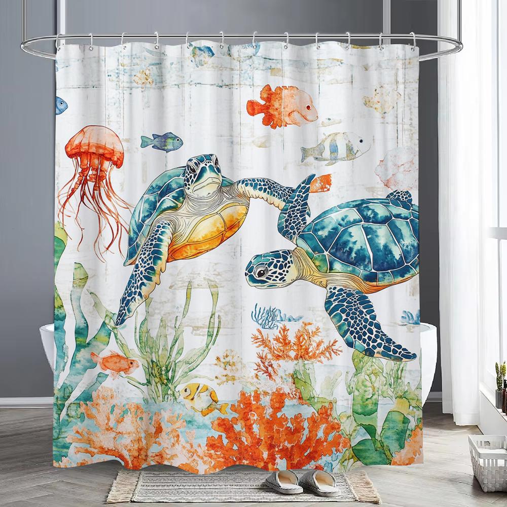 Sea Turtle Shower Curtain, Beach Coastal Sea Turtle Starfish Jellyfish Underwater Creatures Bathroom Decorative Shower Curtains