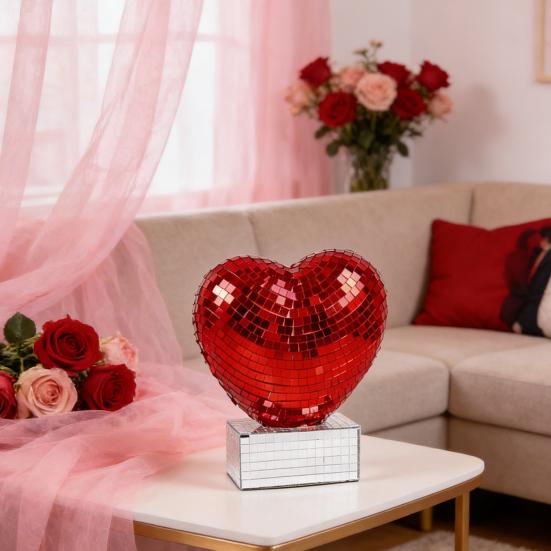 Figurka Serce Disco Błyszczące Czerwono-Różowe Serce Kształt Centralny Element Stołu Romantyczne Odbijające Lustro Disco Serce na Walentynki Rocznicę Ślub