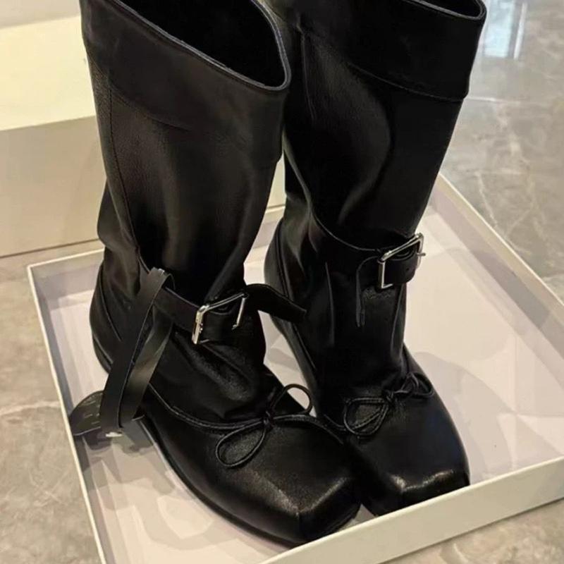 Fashion Belt Buckle Decoration Mid Calf Boots Women 2025 Autumn Square Toe Solid Black Ballet Style Boots Sweet Bowknot Booties