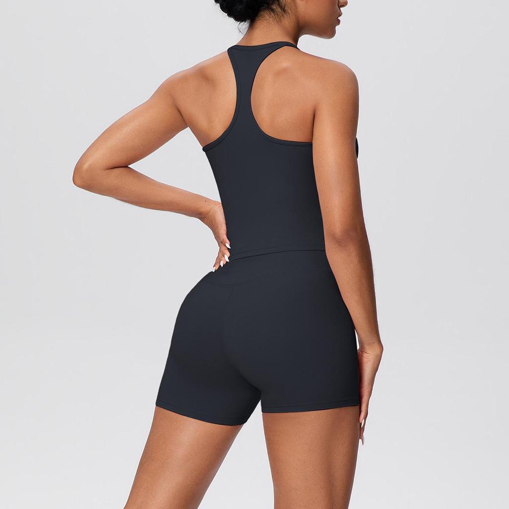 Set Yoga da Donna Transfrontaliero con Spalline Sottili, Vita Alta, Top che Scopre la Schiena e Pantaloncini Aderenti