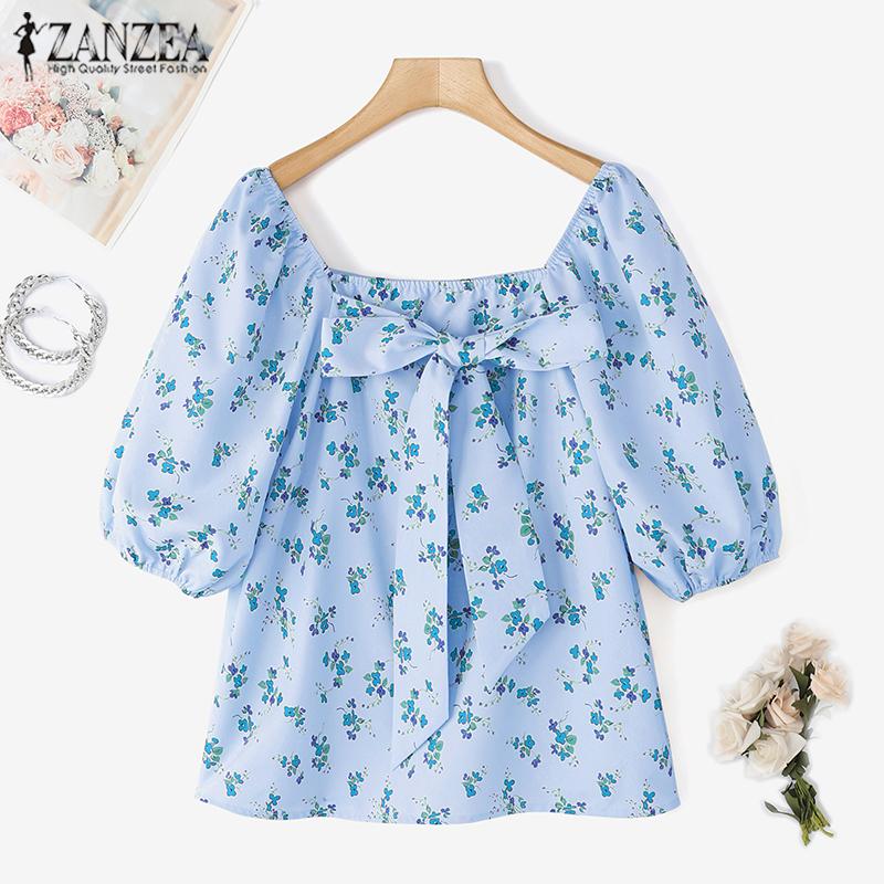 ZANZEA Women Square Neck Bubble Short Sleeve Floral Print Blouses