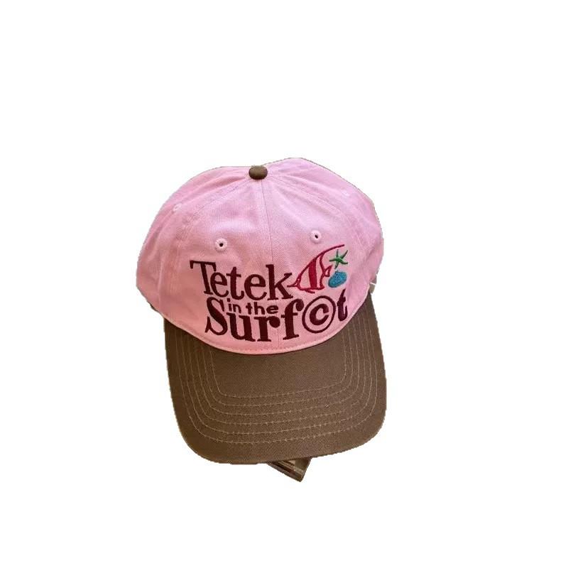 Korean Retro Contrasting Color Pink Baseball Cap Trendy Brand Letter Color Block Baseball Cap Embroidery Ins Soft Top Sun Visor Baseball Cap