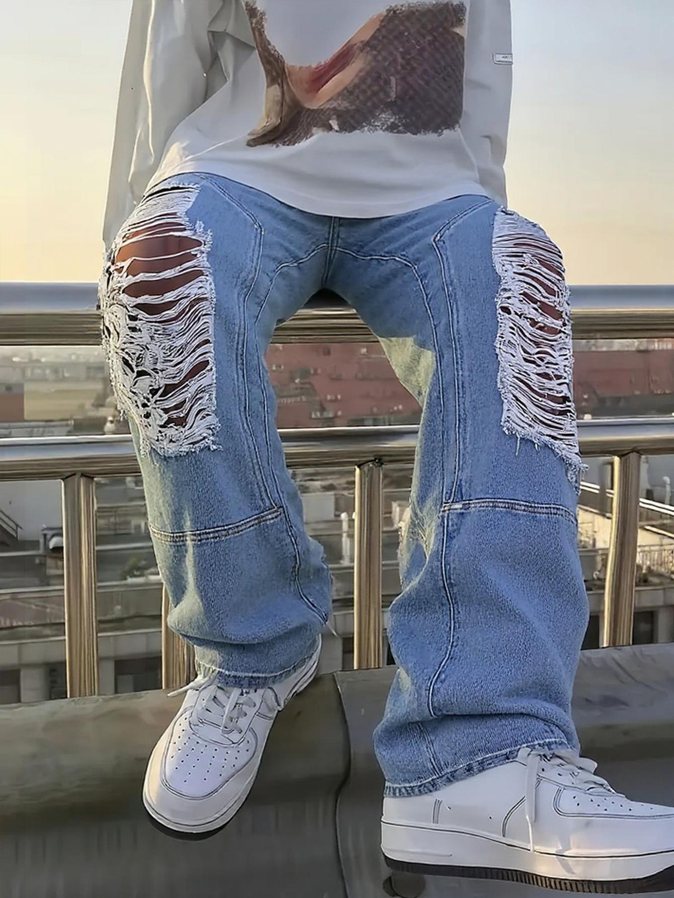Tooling Trousers Hip-Hop Wind Ripped Jeans Men S Loose Straight Casual Trend New XS