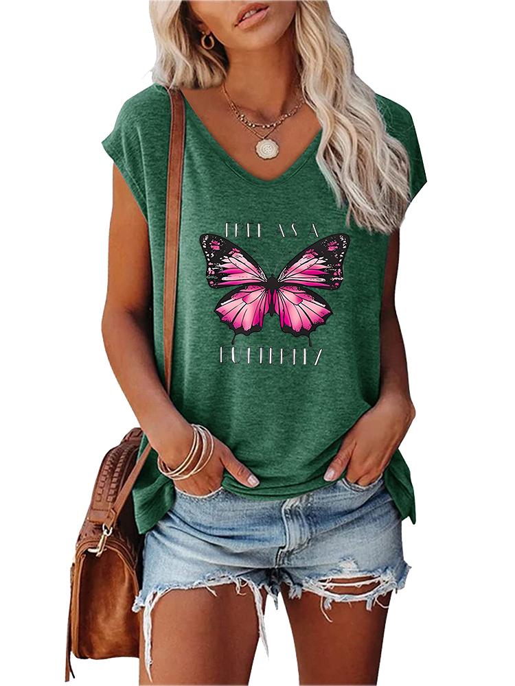 Damenmode V-Ausschnitt Kurzarm Top Sommer Casual Print T-Shirt