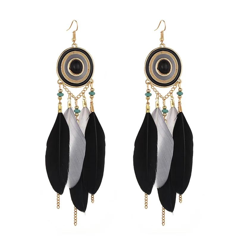 Boho Ethnic Feather Dangle Earrings For Women Classic Long Tassel Drop Ear Jewelry Ladies Beach Vacation Accessories