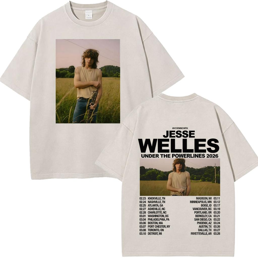 Vintage Washed Tshirt Jesse Welles Under The Powerlines Tour Print Tshirt Unisex Aesthetic Trendy Casual Cotton Tshirts