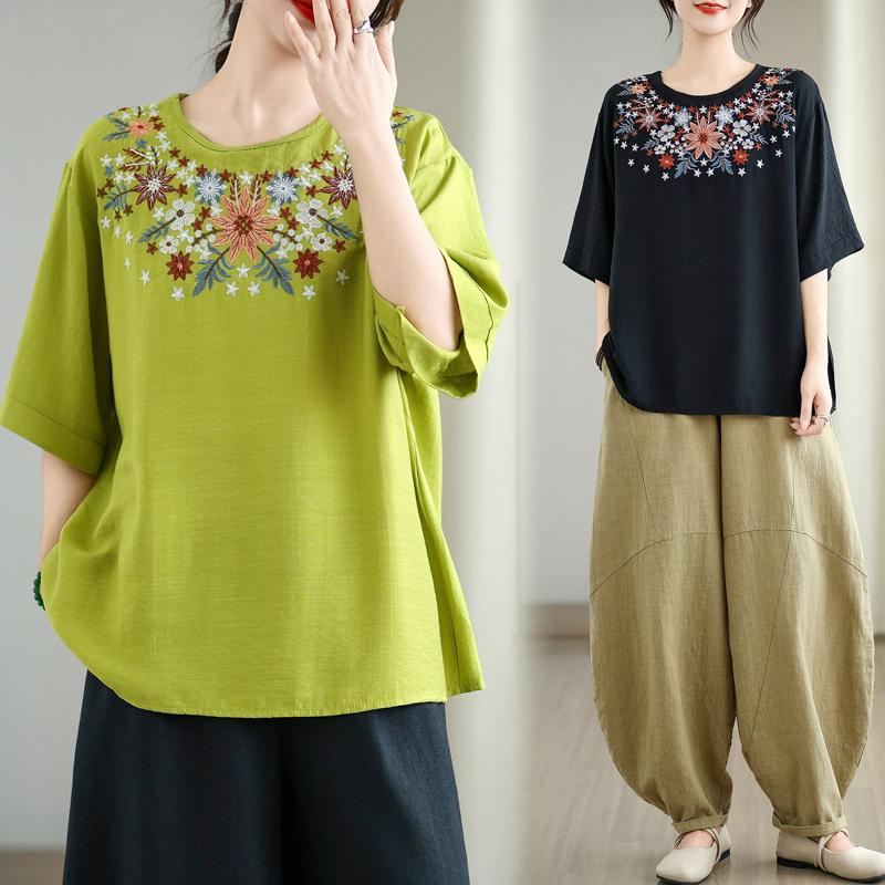 Dimanaf 2025 Summer Plus Size T-Shirt Vintage Women Short Sleeve Floral Short Loose Tops Tees