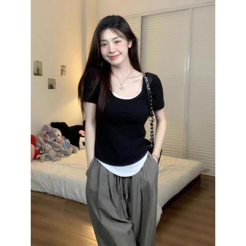 2026 Women s Slim Fit Patchwork Short Sleeve Square/Round Neck Tee S