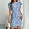 Women's Textured Jacquard Dress Crewneck Short Puff Sleeve A-line Dress Summer Floral Mini Dresses