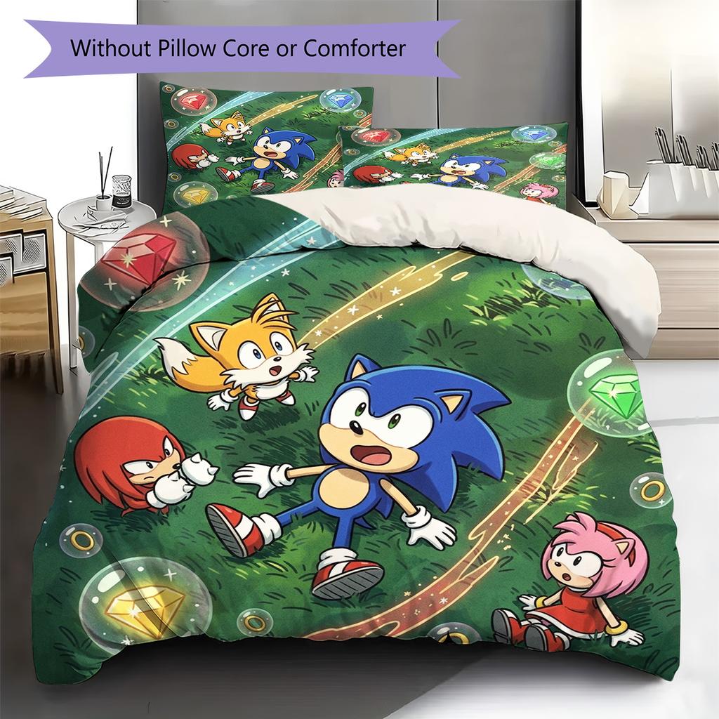 Hedgehog Sonic Pattern Bedding Quilt Set Quilt Cover Pillowcase Home Decoration Birthday Gift (1 * Duvet Cover + 2 * Pillowcase, Without Core)