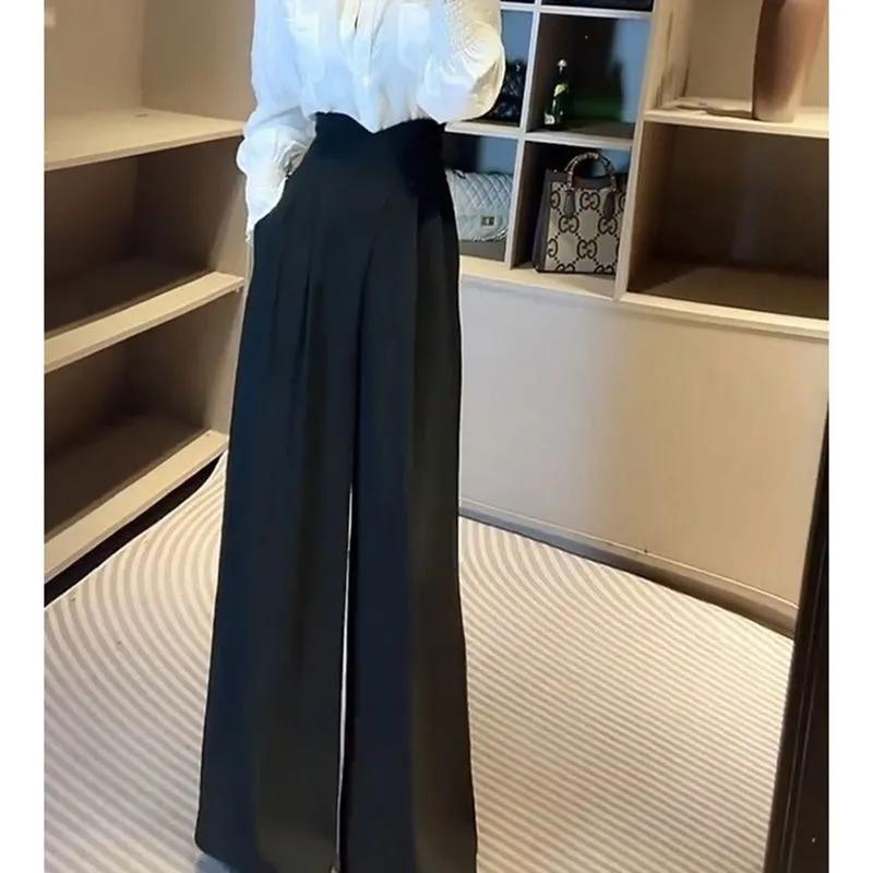 

Женские весенне-осенние элегантные брюки с высокой посадкой и широкими штанинами во французском стиле 3XL чёрный