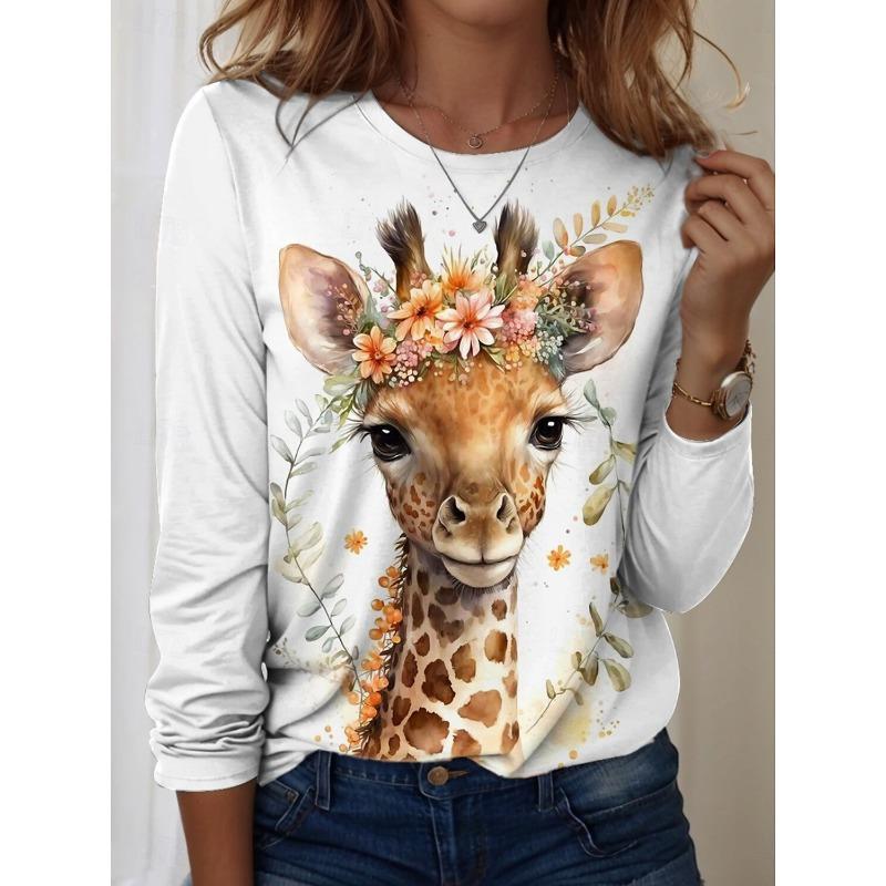 Damen T-Shirts Grafisch Tier Giraffe T-Shirts Mode Stilvoll Langarm T-Shirts Rundhals Normale Oberteile Sommer
