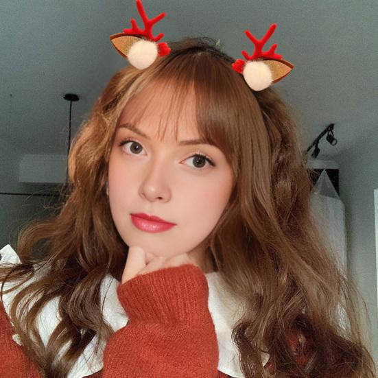 1 Pair Reindeer Antler Hair Clips for Christmas Fluffy Ear Headband with Pom Poms Festive Girls Hair Accessories Gift for Women Kids