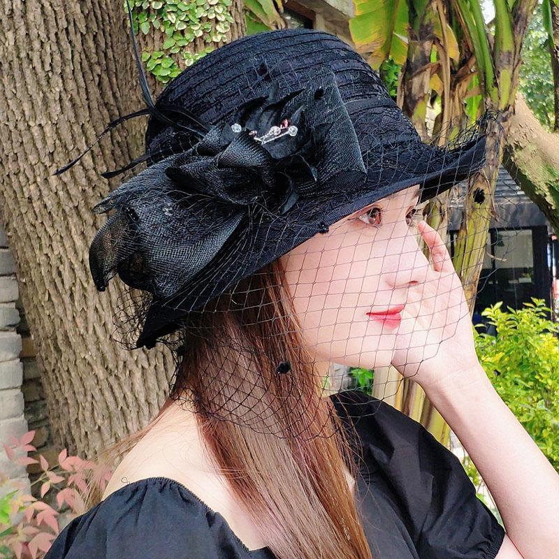 Summer hat women's curled edge elegant top hat face covering mesh sun protection sun hat retro fashion flower sun hat