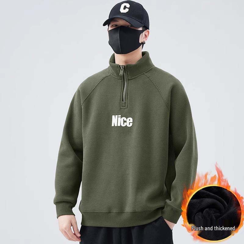Men's Trendy Thick Half-Zip Hoodie with Stand Collar, Plus Velvet Base Layer for Spring, Autumn, and Winter 2025