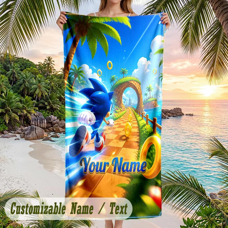 Sonic Beach Towel, Personalized Custom Text, Quick Dry Soft Large Towel For Swimming Pool Travel