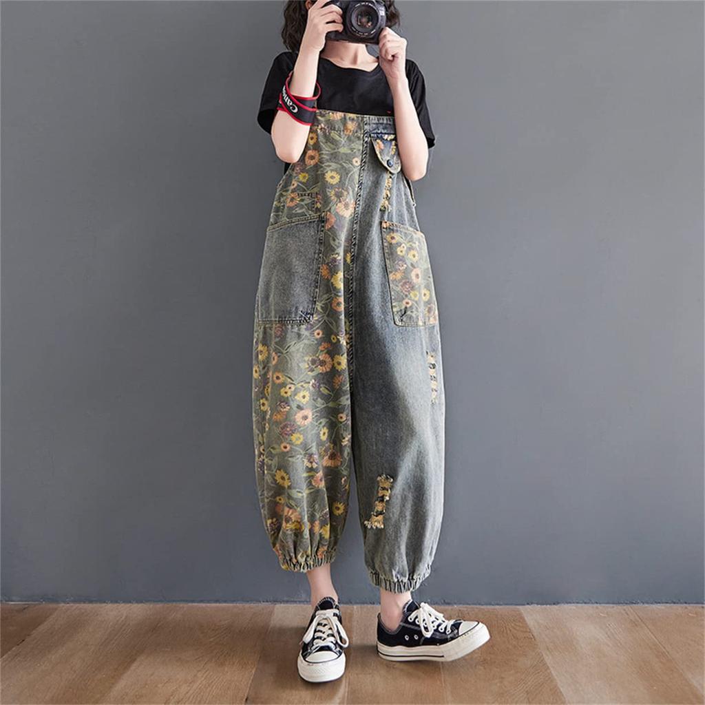 Mouhoukyo Denim Floral Print Women's Overalls, Wide-Leg Pants, Jeans, M-2XL (Color shown, 2XL)