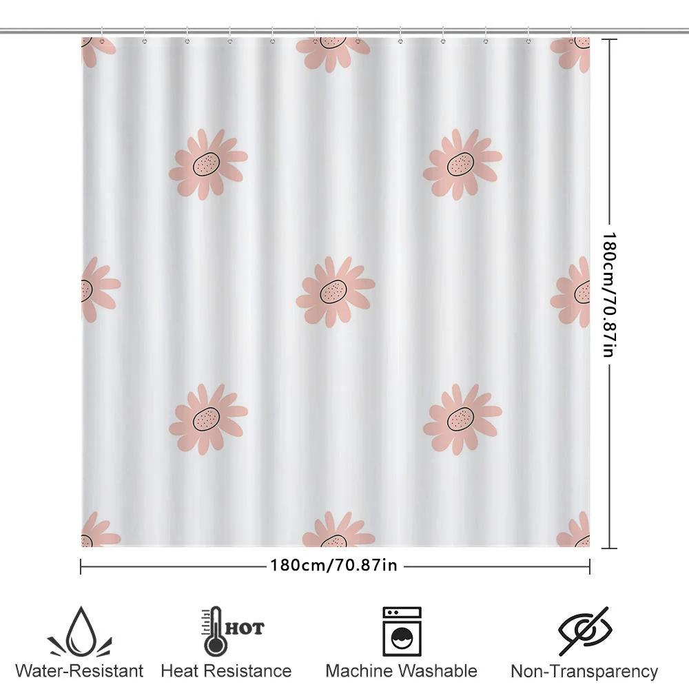 Modern Flower Print Shower Curtain Waterproof Bath Decoration For Home Decor White Floral Pattern 180X245Cm (Pink)