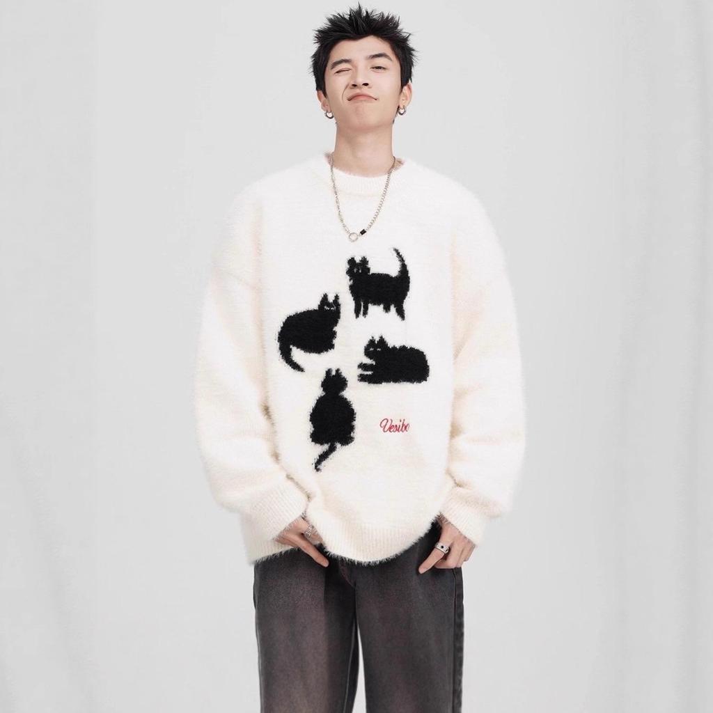 Men's Cartoon Cat Mohair Winter Sweater: American Style Loose Casual Round Neck Knitwear Cardigan