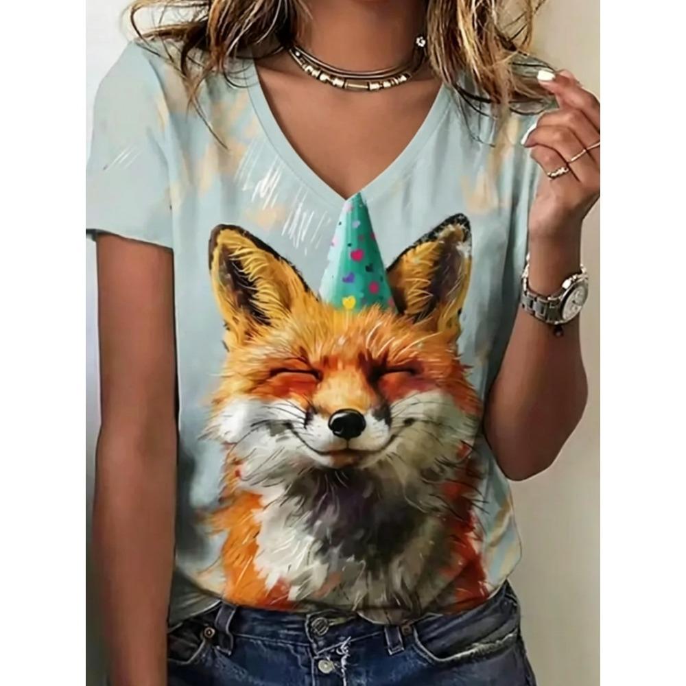 Summer Women's Fashionable T-shirt Comfortable Animal Flower 3D Printed Short Sleeved V Neck Loose Oversized Soft Breathable T-shirt