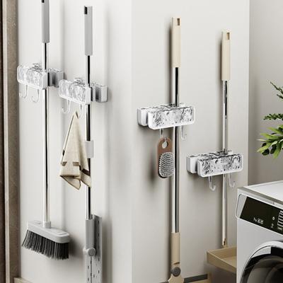 Mop Holder Double-ended Mop Clip Punch-free Broom Rack Space Saving Bathroom Organizer with Hook for Home