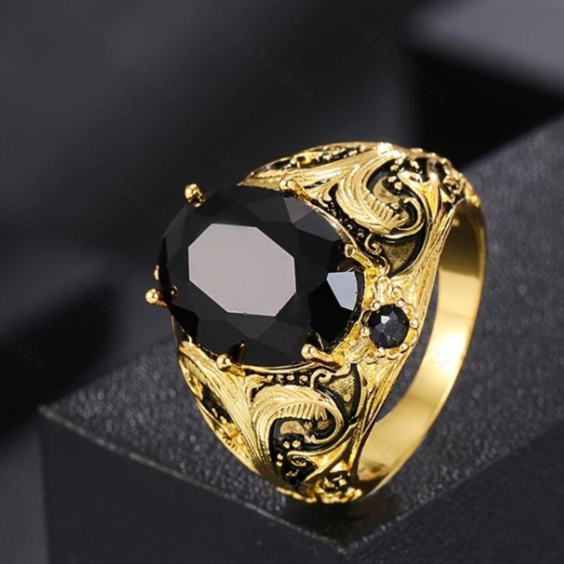 Vintage and Trendy Black Color Inlaid Stone Patterned Ring, A Classic Jewelry Accessory for Both Men and Women's Fashion