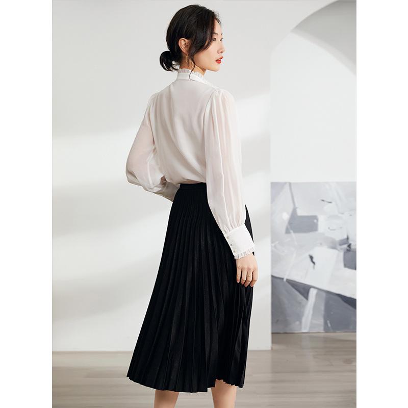 Petite Women's French-Style V-Neck Ruffle Blouse - White Mulberry Silk Long Sleeve