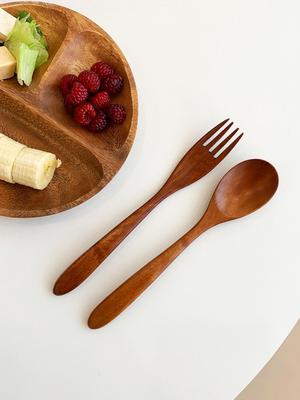 Acacia Lacquer Dessert Spoon Fork Set Cafe Supplies Wooden Spoon