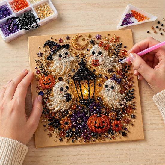 Handmade Halloween Party Supplies Ghost Faux Pearl Art DIY Kit, Spooky 3D Bead Cool Pattern Kits Painting Crafts, Gothic Wall for Adults Beginners