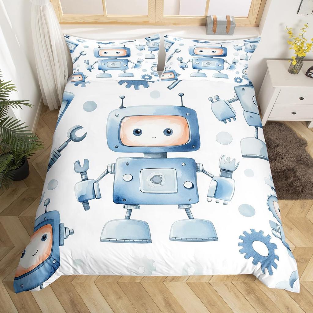 Robot Duvet Cover Sets for Kids Boys Girls Queen Size Lightweight Down Quilt Covers 2 Pillowcases 1 Comforter Cover No Comforter