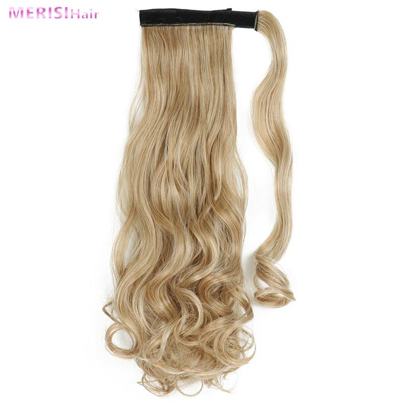 MERISIHAIR Pakk rundt på syntetisk hårstykke Langbølget klips i hestehale Ren farge hårforlengelser Ekte naturlig 22 tommer hestehale