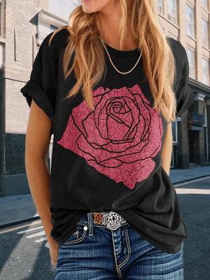 Women's Floral Rose Print Color Block Crew Neck Loose Graphic T Shirt