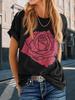 Women's Floral Rose Print Color Block Crew Neck Loose Graphic T Shirt