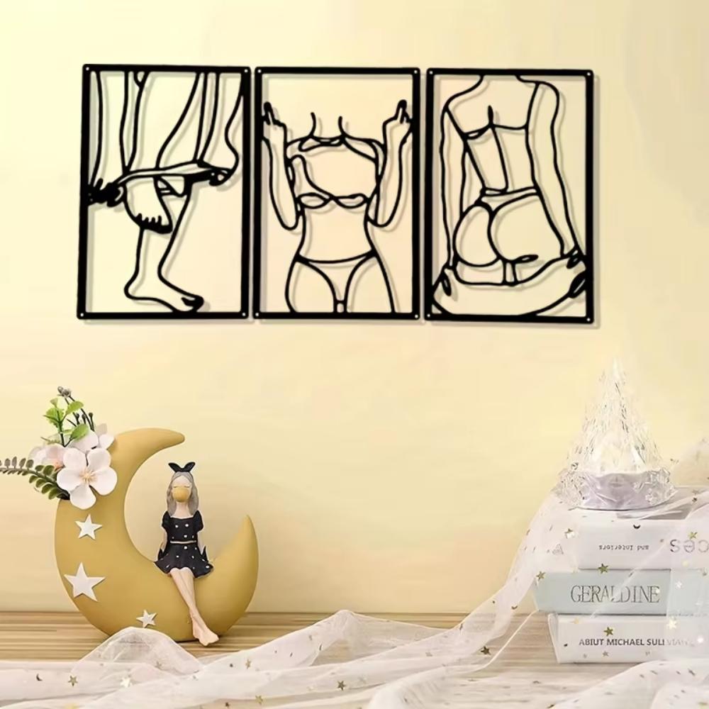 Conjunto de três peças arte de parede abstrata psicológica em metal pintura de linha única decoração de arte de parede, metal pendurado moderno para casa