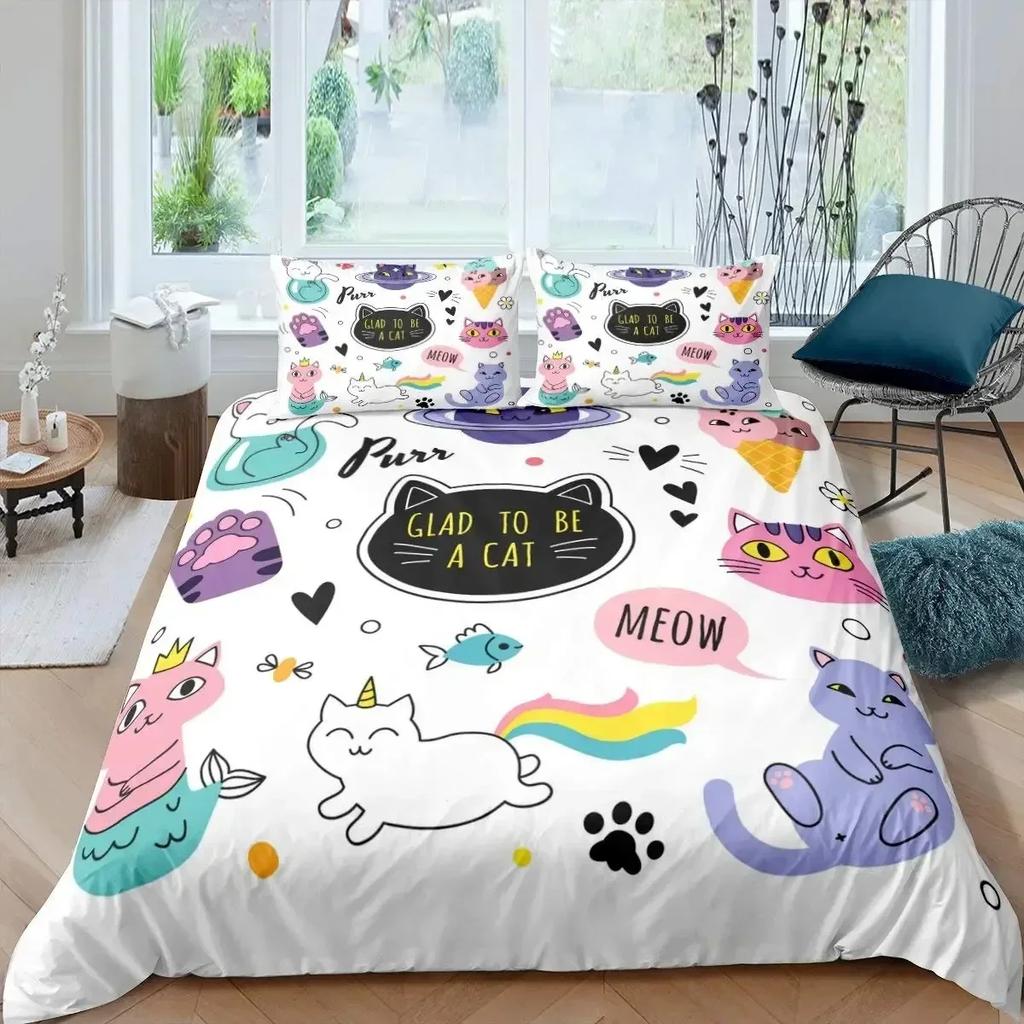 Rainbow Cartoon Cat Colorful Mermaid Comfortable Duvet Cover Pillowcase Bedding Set Children Bedroom Decoration Home Textile