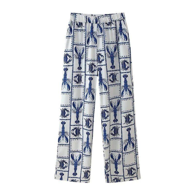 

Fashion Style 2024 Autumn New Arrival Women s Stylish Loose Slimming and All-Matching Prawn Print Shirt Mid Waist Pants Pants L