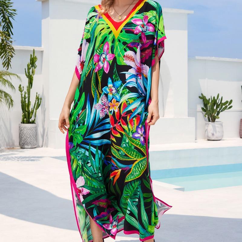 Blouse de plage coton humain imprimé ample robe de vacances bikini protection solaire chemise maillot de bain veste châle