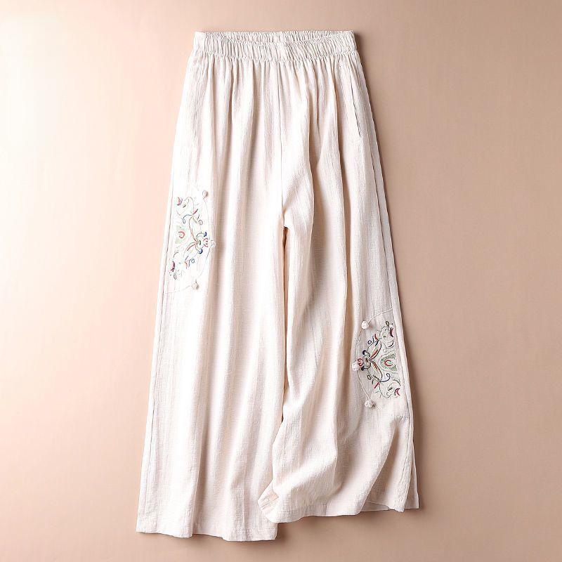 Summer Ladies Cotton Linen Casual Pants Retro Ethnic Wind Embroidered Wide-legged Pants Thin Nine-point Pants